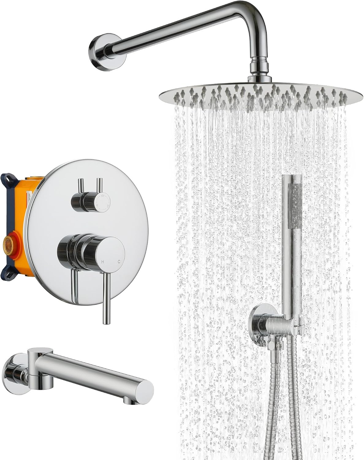 MONDAWE Round Shower Faucets Sets Complete with Tub Spout, Wall Mounted Shower System 10 Inch Rainfall Shower Head with Handheld Combo, Chrome High Pressure Shower Faucet Set