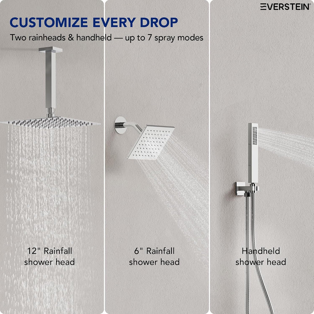 Ceiling Mount 12' High-Pressure Rainfall Shower Faucet, Dual Rainfall Shower Head System with Valve (Polished Chrome)
