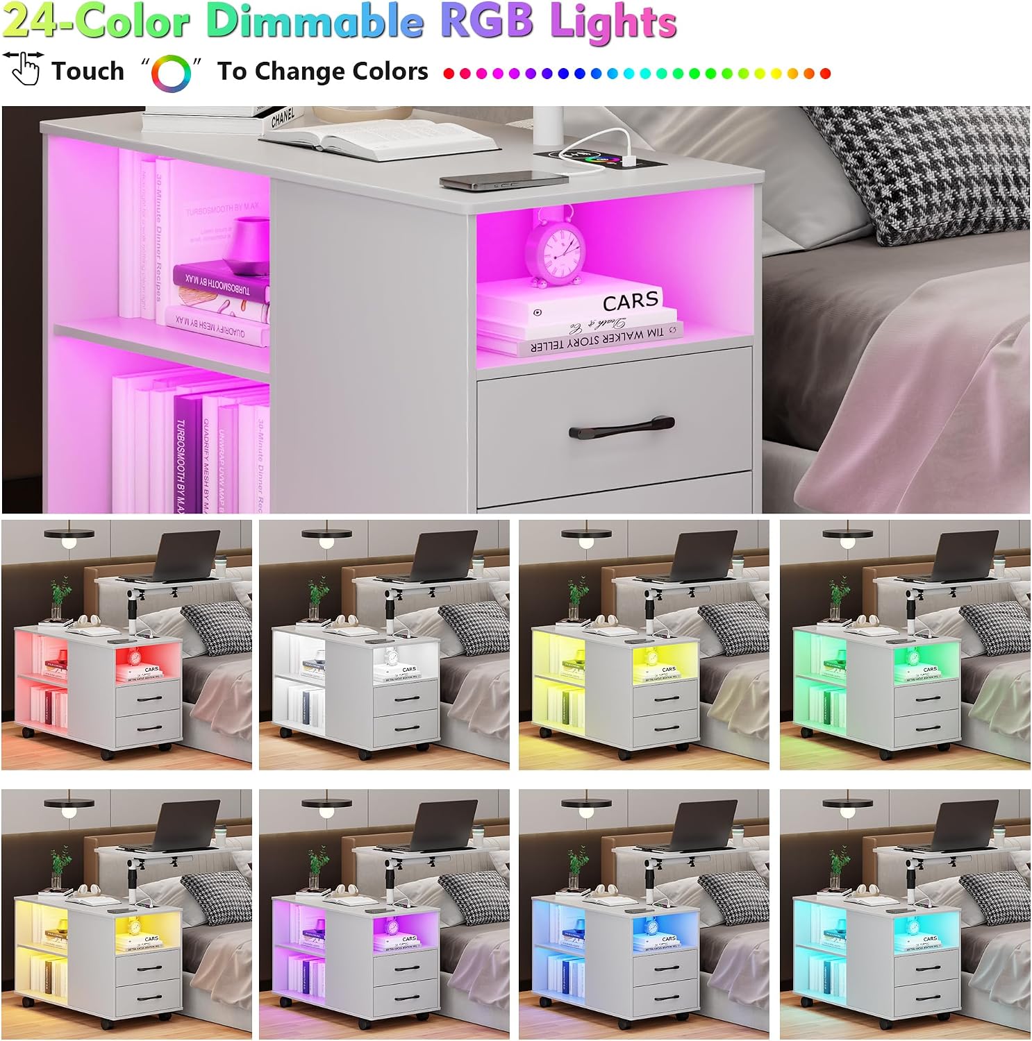 Gurexl 360° LED Nightstand with Wireless Charging Station for Bedroom, Movable Adjustable Bedside Table with Laptop Tray, Auto Sensor End Table with 24 Color Dimmable -White