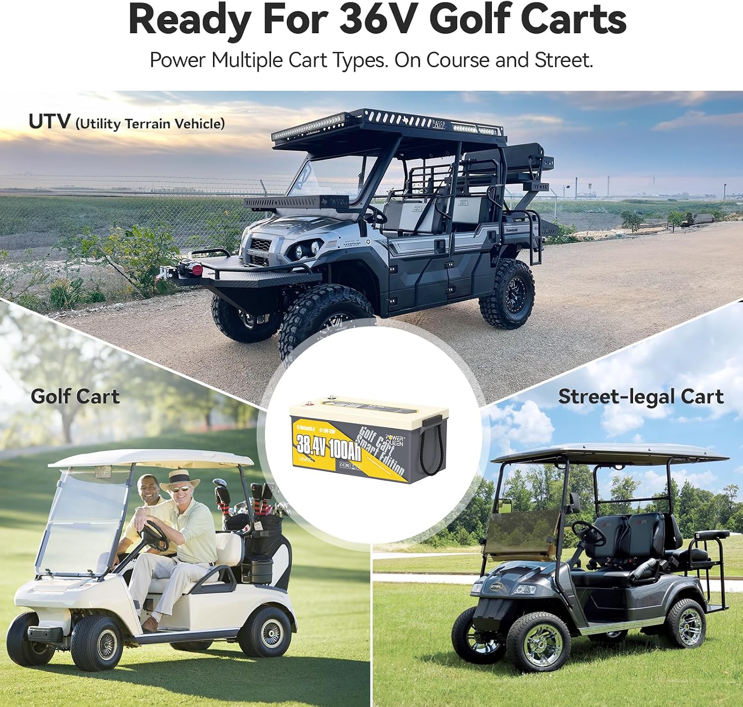 Power Queen 36V 100Ah Lithium Golf Cart Battery Kit with 25A Waterproof Charger,LCD 500A Monitor, Bluetooth & Low Temp Protection, 15000+ Cycles for 36V-72V Electric Outboard Motor, Marine, Golf Cart