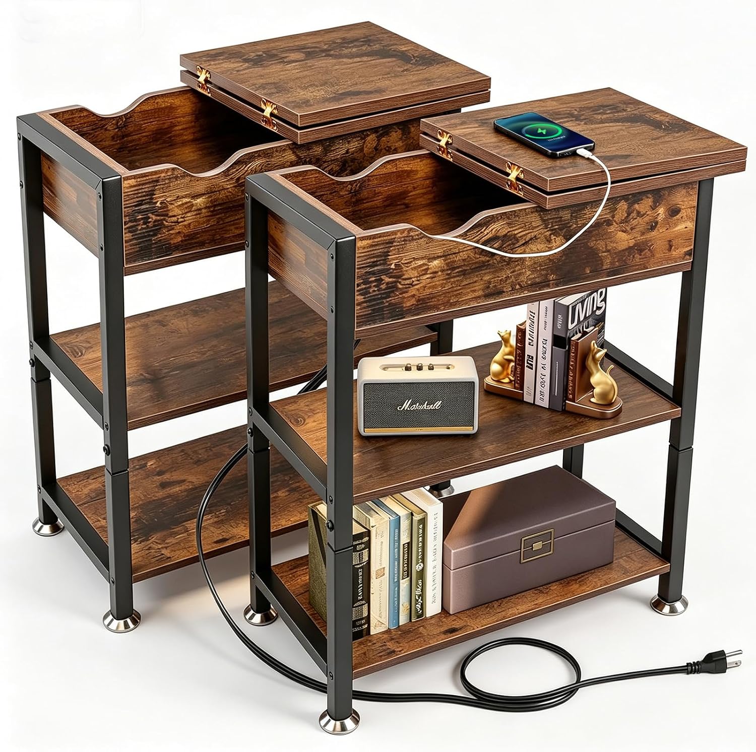 TooCust Flip Top End Table with Charging Station Set of 2, 12' D×21' W×26' H Small Side Tables with Storage & Shelves, Compact Side Table for Small Spaces, End Tables Living Room Set of 2, Brown