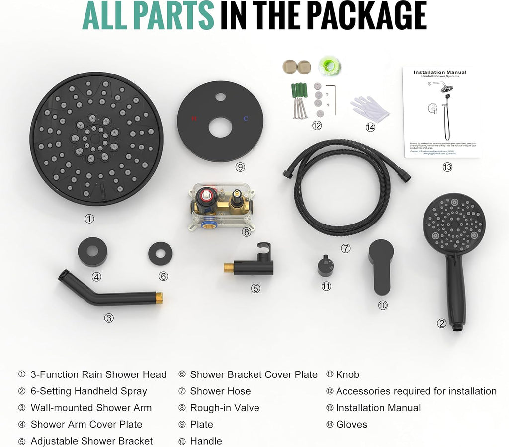SR SUN RISE Shower Faucet - 8 Inch Multifunctional High Pressure Shower Head System with Handheld Shower Head Fixtures - Valve Included - Matte Black