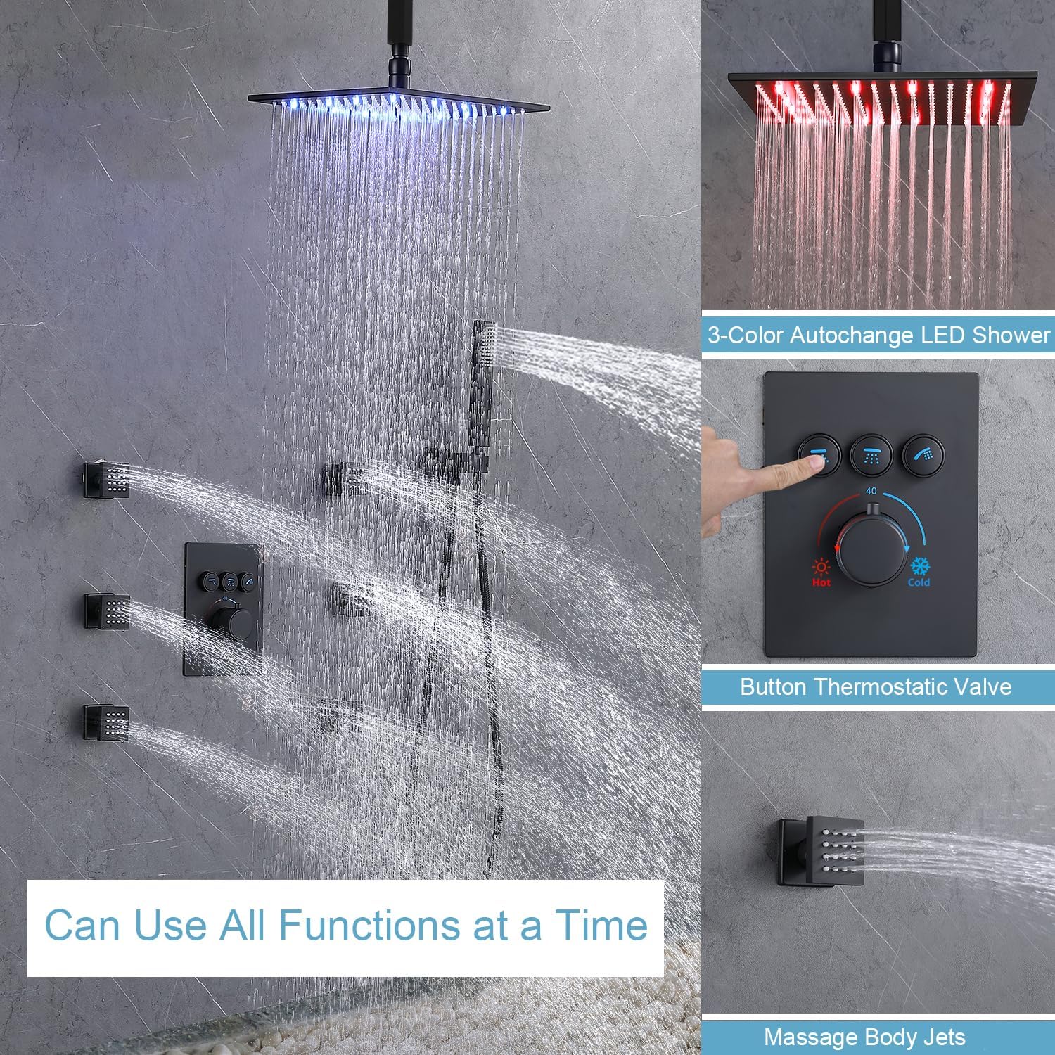 Enga Thermostatic Shower System with Body Jets (Use All Functions At A Time), Ceiling Mounted 12 Inch LED Rain Shower with 6 Body Spray Jets and Handheld Shower Faucet Set, Matte Black