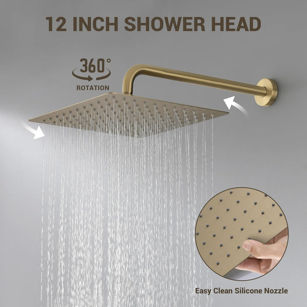 Shower Faucet Set - 12 inches Rain Shower System with 6 Function Handheld Shower Head Rough in Pressure Balance Valve Kit - Stainless Steel Bathroom Shower Kit Complete Brushed Gold