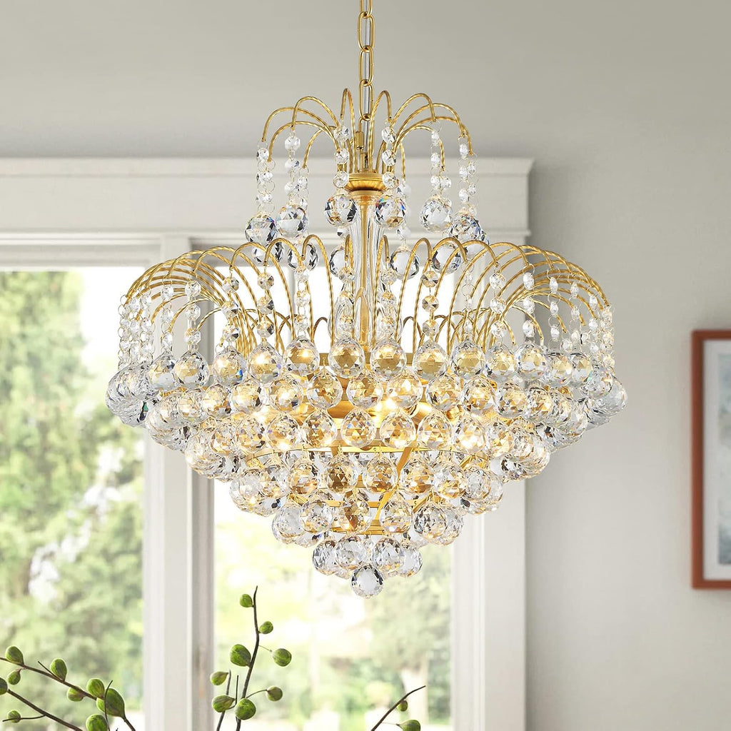 WUZUPS Crystal Chandelier Pendant Flushmount Ceiling Light Modern Lighting Fixture for Bedroom Hallway Bar Kitchen Bathroom, H 17.3' x W 18.9', Gold, E12 Base