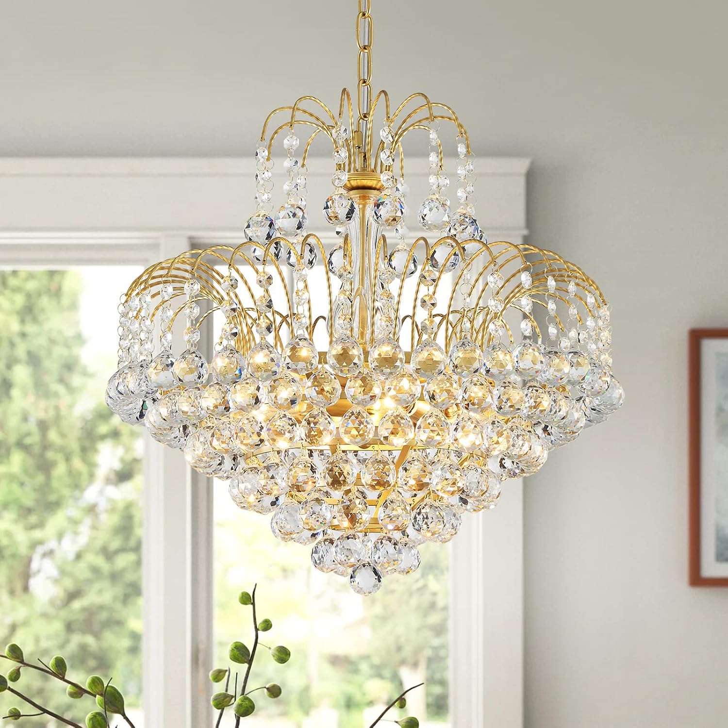 WUZUPS Crystal Chandelier Pendant Flushmount Ceiling Light Modern Lighting Fixture for Bedroom Hallway Bar Kitchen Bathroom, H 17.3' x W 18.9', Gold, E12 Base
