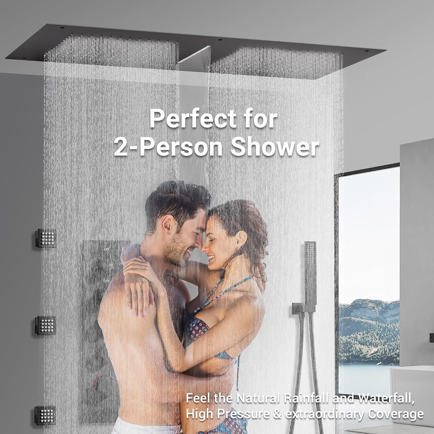 Luxury Dual-Zone Rain & Waterfall Shower Head for 2-Person, Matte Black Thermostatic Shower System with 32-Inch Flush Mount Shower, Full body Shower Faucet Set with Handheld Sprayer & 6 Jets