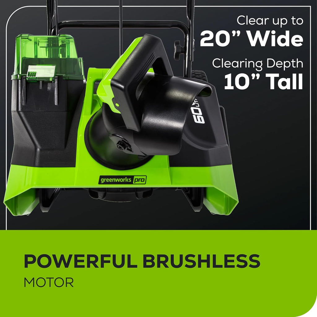 Greenworks 60V 20' Brushless Cordless Snow Blower (Single-Stage), 5.0 Ah Battery and Charger Included