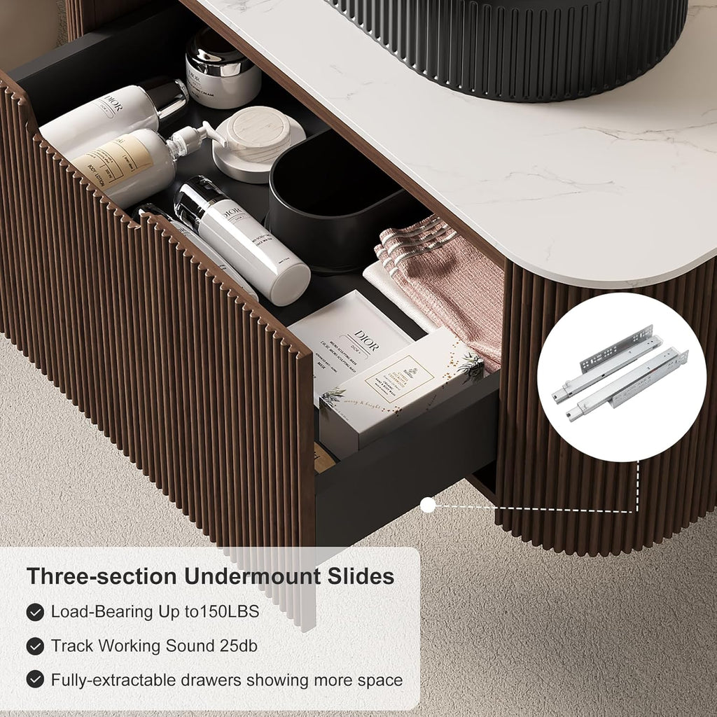 30 inch Floating Bathroom Vanity with Sink, Natural Solid Wood Modern Bathroom Vanities with Ultra-Thin Ceramic Basin and Marble Top, Soft-Close Drawer, Pre-Assembled, Walnut with Black