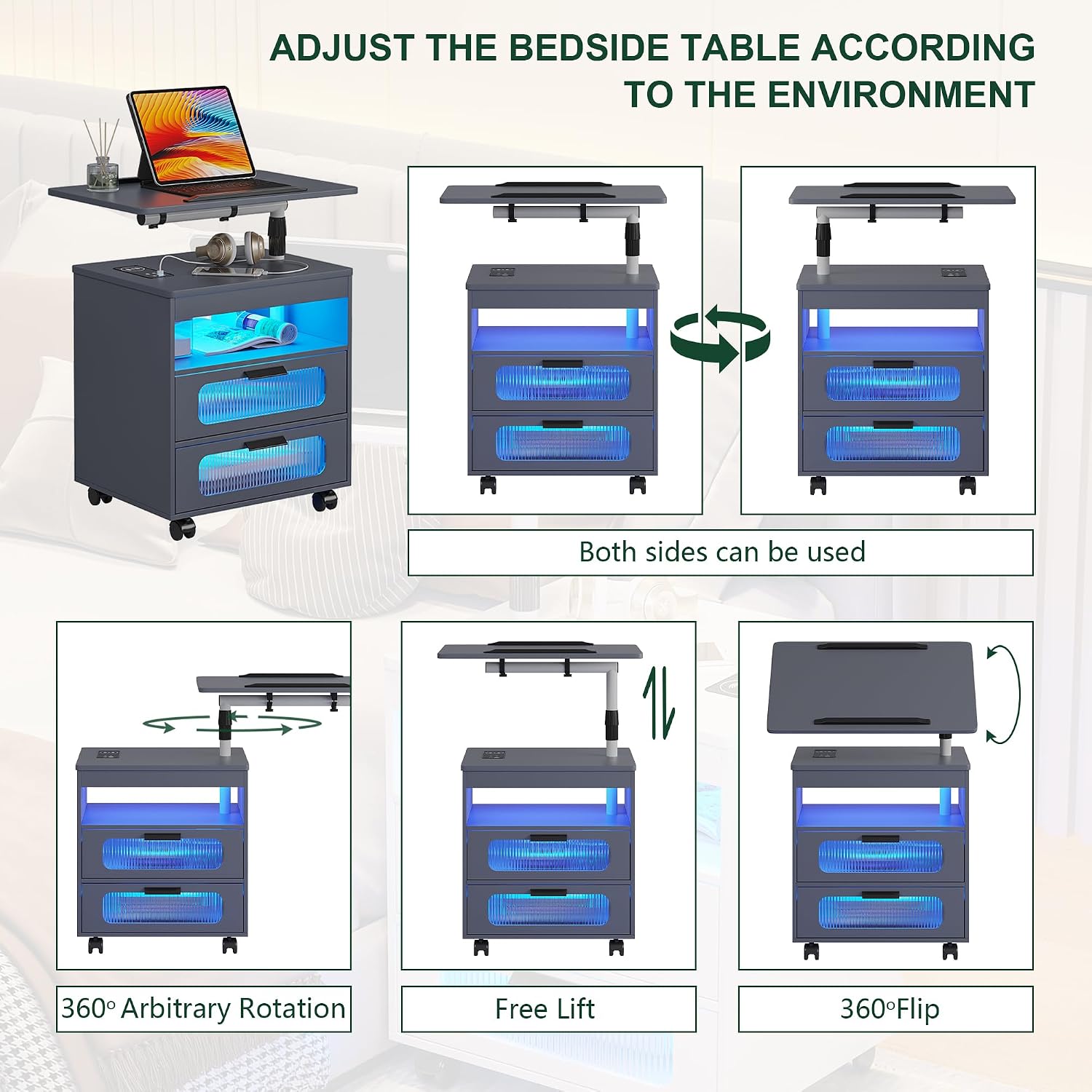 HNEBC LED Nightstand Set of 2 with Charging Station & Adjustable Overbed Desk, 3 Color LED Lights & Body Sensor, Mobile Bedside Table with Wheels, 2 Drawers & Open Shelf for Bedroom(Grey)