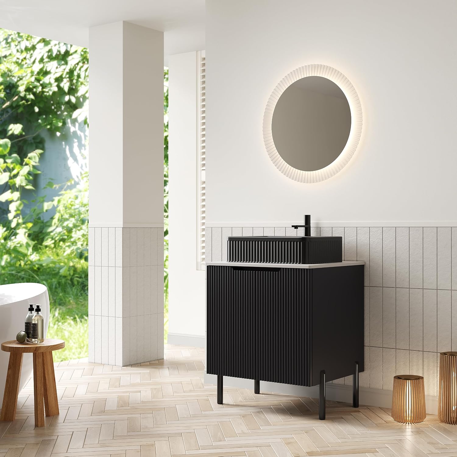 24' Bathroom Vanity with Sink, Modern Bathroom Vanities with 2 Soft-Closing Doors, Freestanding Bathroom Cabinet with Ceramic Basin & Carrara White Counter Top-Colmar, Black