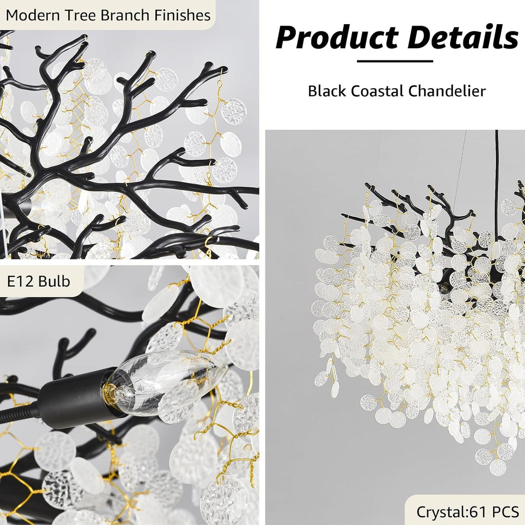 24-Inch Black Tree Branch Chandelier, 8-Light Modern Coastal Chandelier, Round Crystal Dining Room Light Fixtures for Foyer Entryway Stairwell, Bathroom Chandeliers Over Tub, E12