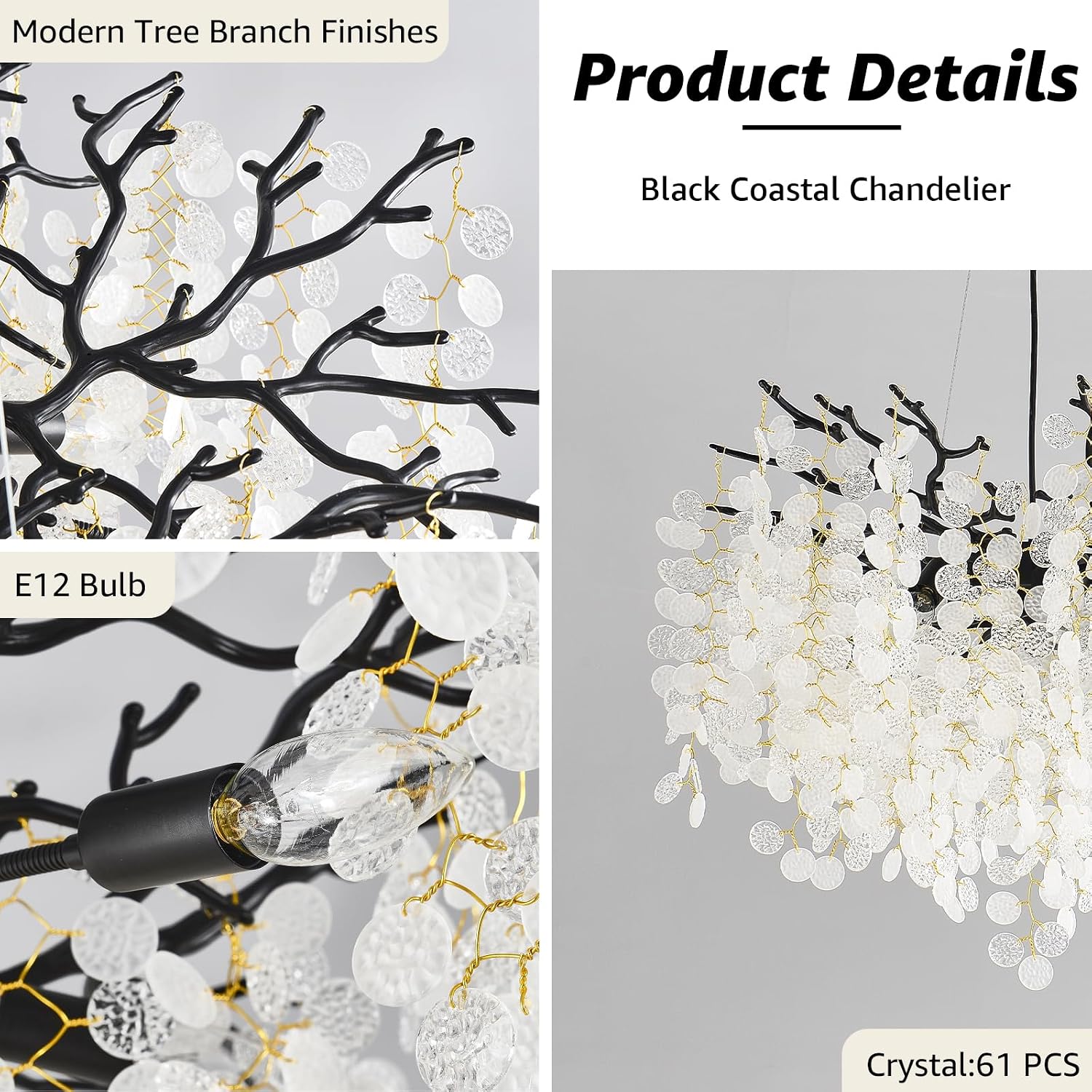 24-Inch Black Tree Branch Chandelier, 8-Light Modern Coastal Chandelier, Round Crystal Dining Room Light Fixtures for Foyer Entryway Stairwell, Bathroom Chandeliers Over Tub, E12