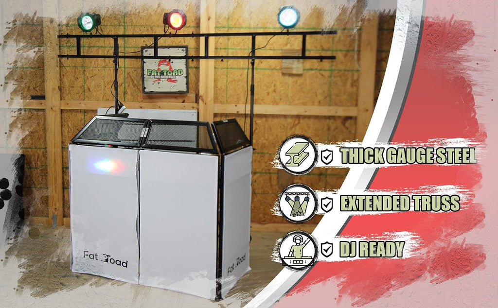 FAT TOAD DJ Booth with 8FT Lighting Truss Stand Package (QuickFOLD Series) – Foldable Panel Tabletop Platform Facade Scrim Cover – Video Light Projector Display Workstation For Sound System Event