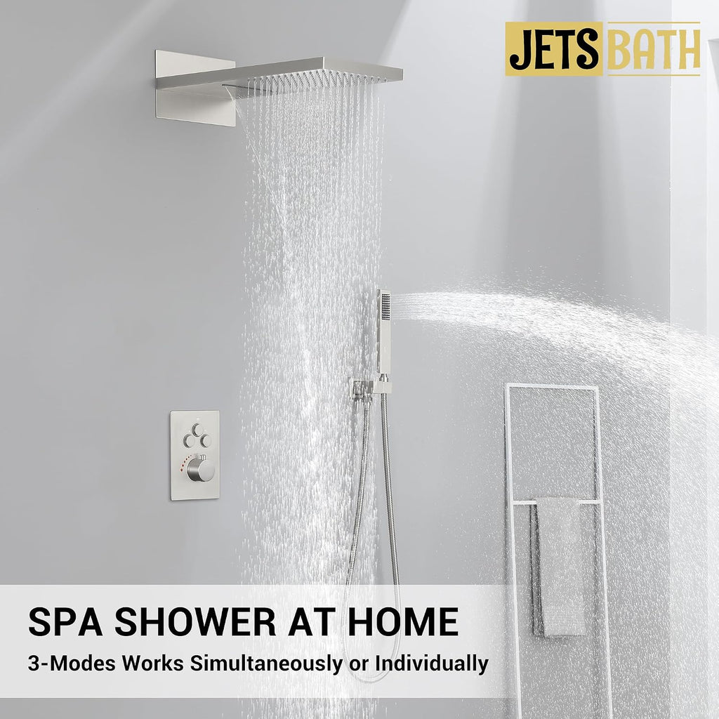 Thermostatic Shower System 22-Inch Rain & Waterfall Large Shower Head, Brushed Nickel Luxury Shower Faucet Set with High Pressure Handheld Sprayer, Wall Mount Shower Fixtures Include Valve