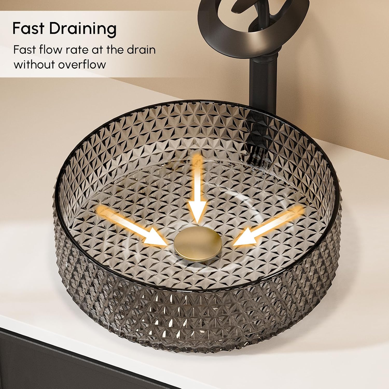 Homary Bathroom Vessel Sink Round Vessel Sink 15.35' x 4.33' Transparent Diamond Shaped Crystal Glass Bathroom Sink Above Counter with Pop-up Drain, Pack of 2, Black