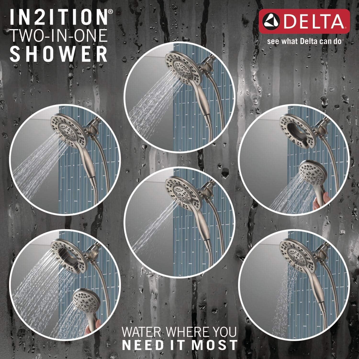 Delta 4-Setting In2ition 2-in-1 Dual Shower Head with HandHeld Spray, Brushed Nickel Detachable Shower Head with Hose, Showerhead, 1.75 GPM Flow Rate, Stainless 58499-SS