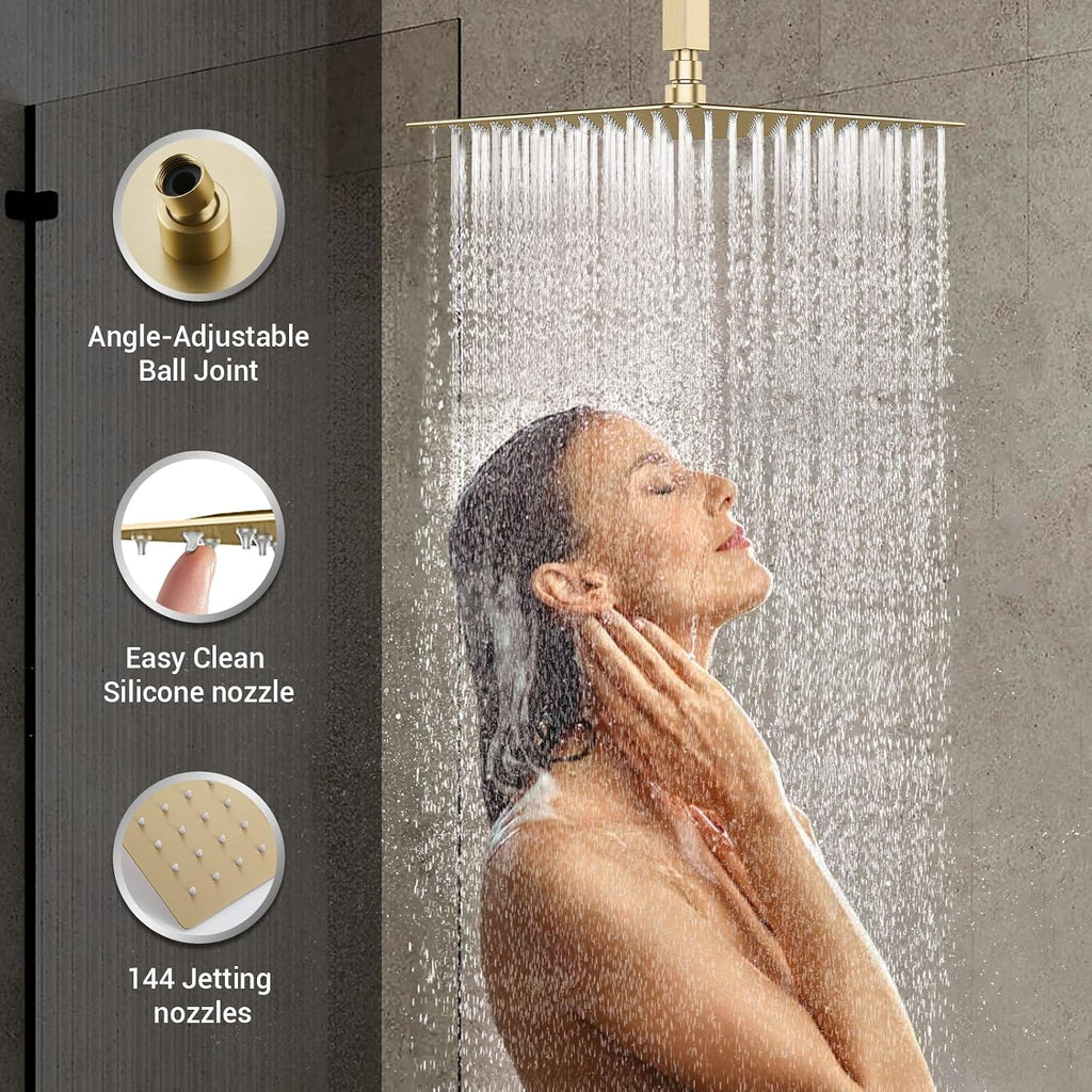 Brushed Gold Shower System with 4 PCS Shower Body Spray Jets & 12'' Ceiling Shower Head & Handheld Spray, DASAN Full Body Shower Faucet System with Jets Rainfall Shower Combo Set, SA-SS03BBG-S12C