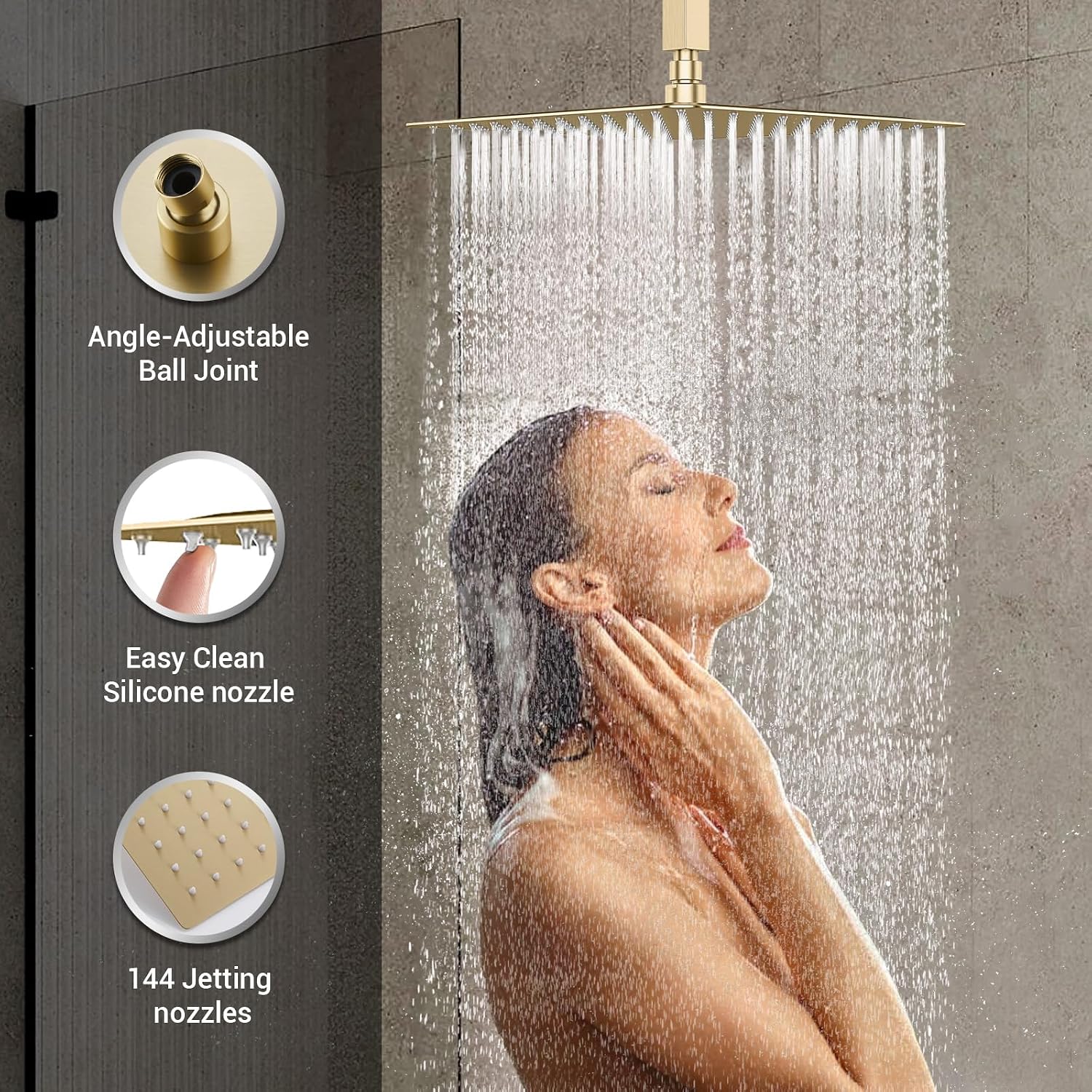 Brushed Gold Shower System with 4 PCS Shower Body Spray Jets & 12'' Ceiling Shower Head & Handheld Spray, DASAN Full Body Shower Faucet System with Jets Rainfall Shower Combo Set, SA-SS03BBG-S12C