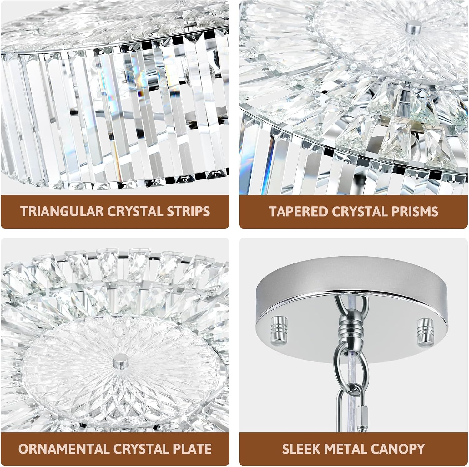 VONLUCE Cystal Ceiling Light Fixture, 6-Light Semi Flush Ceiling Light with Crystal Prisms, 21 in. Chandelier for Dining Room Bedroom Entryway, Kitchen, Nickel Metal Canopy, ETL Certificated