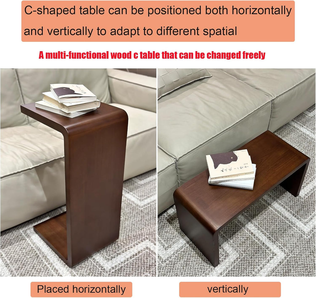 C Shaped End Table, Solid Wood Sofa Side Table for Couch, Bed, and Living Room, Space-Saving Small Snack Table for Bedroom, Office, or Balcony, Wooden Nightstand for Laptop and Narrow Spaces