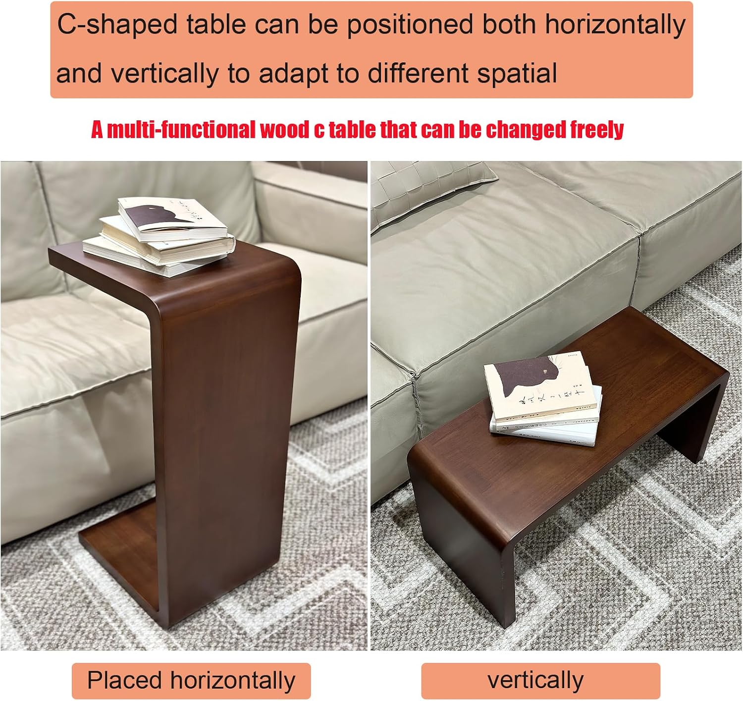 C Shaped End Table, Solid Wood Sofa Side Table for Couch, Bed, and Living Room, Space-Saving Small Snack Table for Bedroom, Office, or Balcony, Wooden Nightstand for Laptop and Narrow Spaces