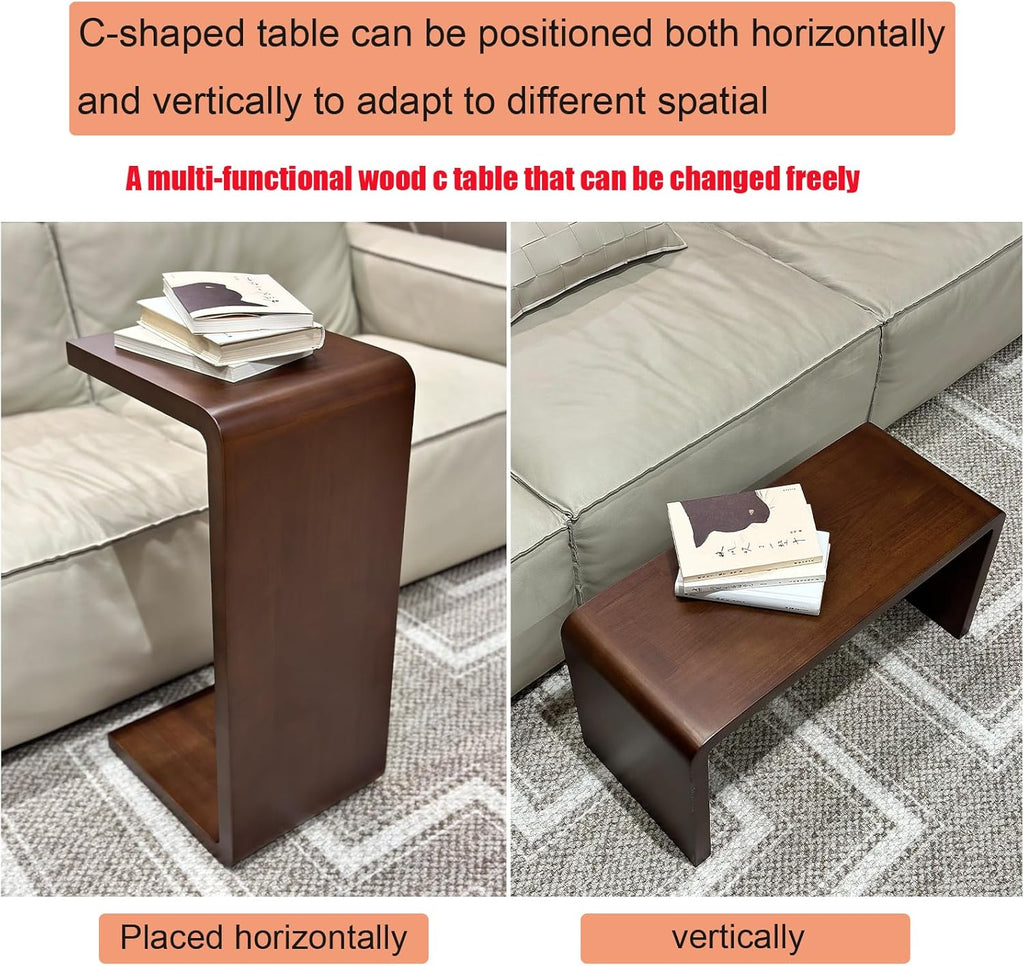 C Shaped End Table, Solid Wood Sofa Side Table for Couch, Bed, and Living Room, Space-Saving Small Snack Table for Bedroom, Office, or Balcony, Wooden Nightstand for Laptop and Narrow Spaces
