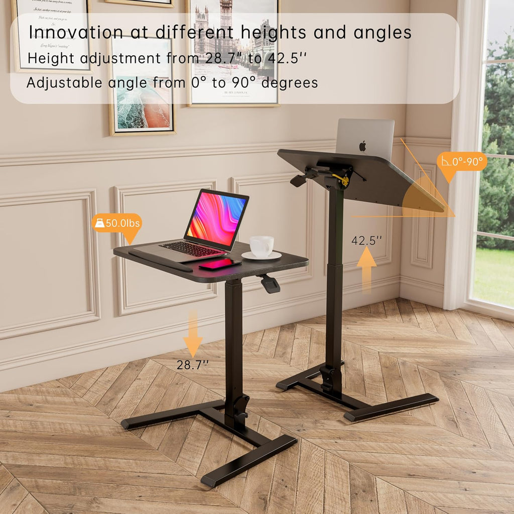 alawooder 25 Inch Mobile Folding Desk - No Assembly, Pneumatic Sit-Stand, 29-42' Height Adjustable Rolling Laptop Desk with Hidden Wheels, 0-90° Tilt Top for Home Office, Craft & Study