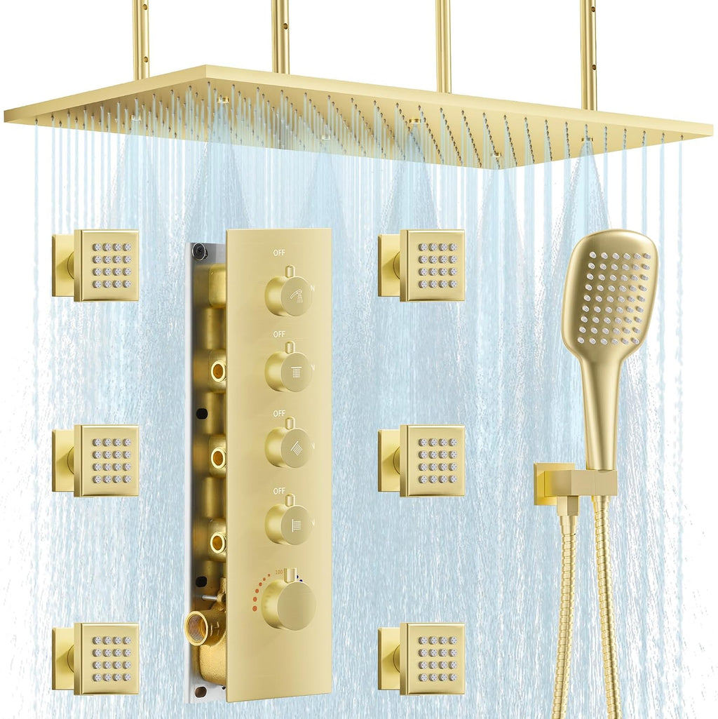 32' Luxury Thermostatic Full Body Shower System with 32-Inch Mist & Rainfall Shower Head & 6 Body Jets, Handheld, JetsBath Brushed Gold Two Person Shower Faucet Set, Smart Shower System for Couples