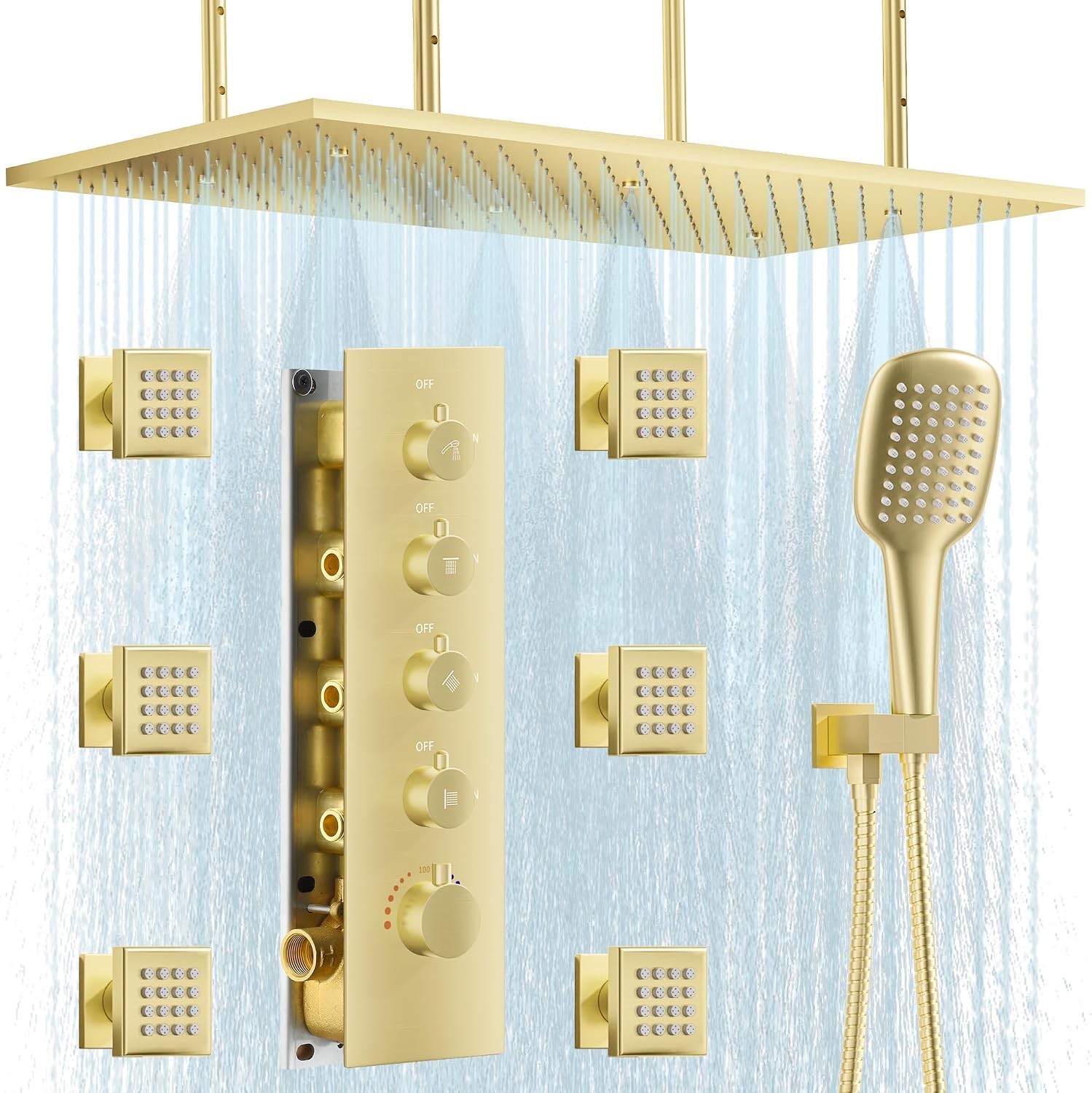 32' Luxury Thermostatic Full Body Shower System with 32-Inch Mist & Rainfall Shower Head & 6 Body Jets, Handheld, JetsBath Brushed Gold Two Person Shower Faucet Set, Smart Shower System for Couples