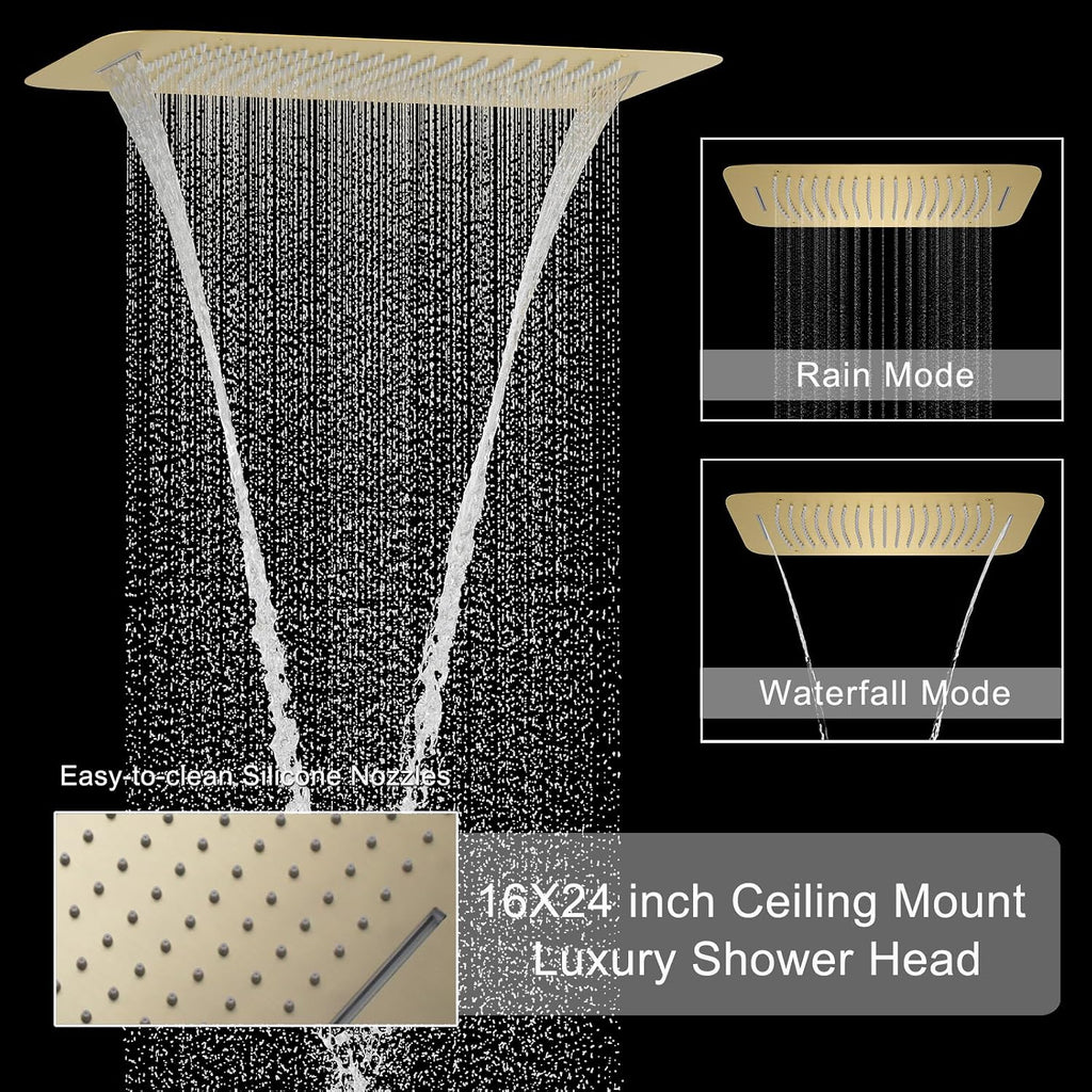 Brushed Gold Digital Display Shower System with 16X24 inch Ceiling Overhead Shower Head(Rain & Waterfall Two Modes), 4 PCS Body Jet and Handheld Spray