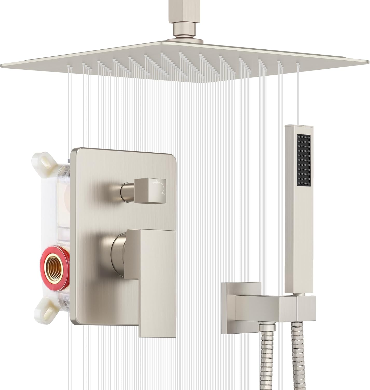 ESNBIA Ceiling Shower System, All Metal Shower Faucet set with Pressure Balance Valve,10 Inches Rain Shower Head with Handheld Spray Combo, Brushed Nickel