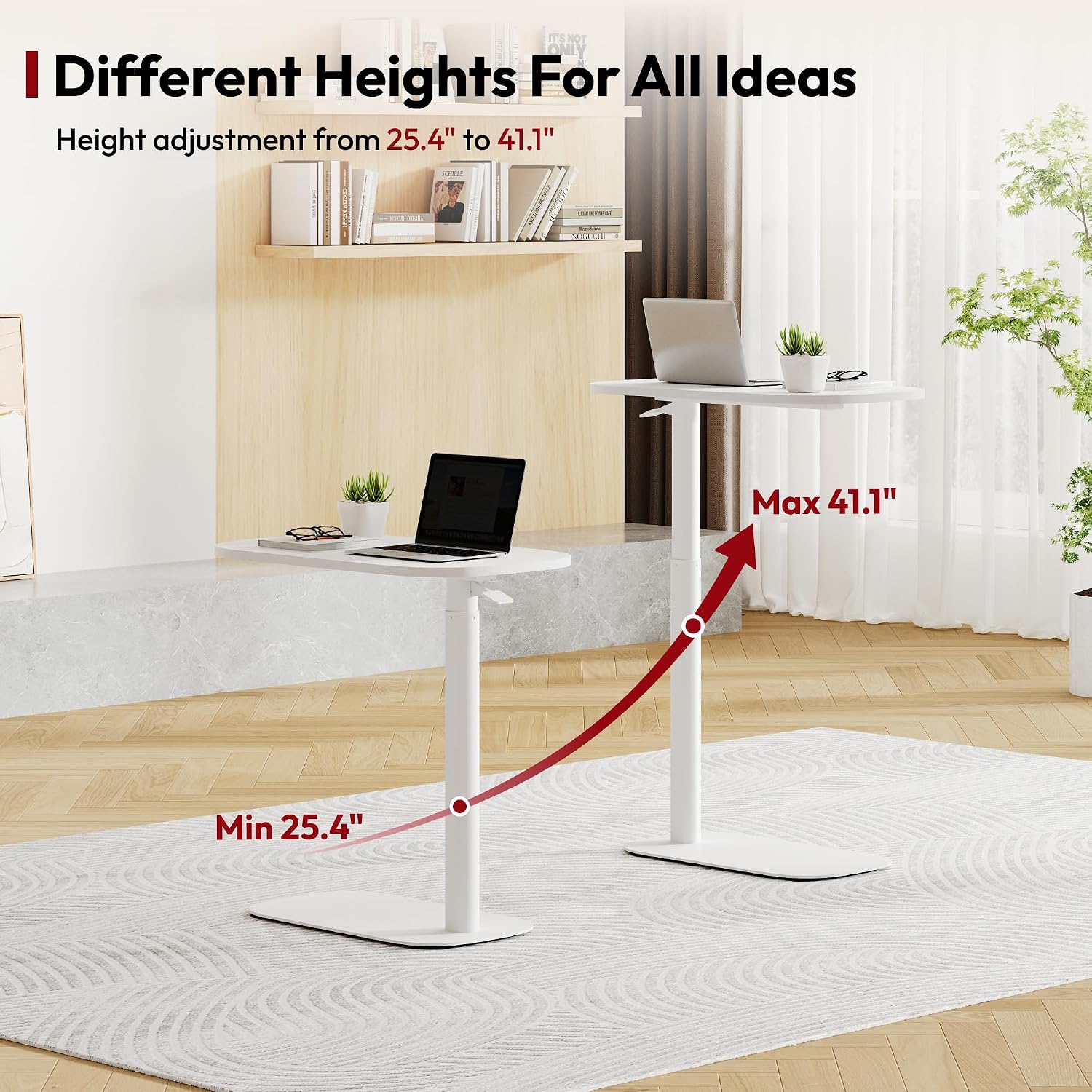SANODESK Small Standing Desk Pneumatic Height Adjustable Sit Stand Laptop Desk Overbed Table Computer Cart for Home Office Workstations (23.6' W x 13.8' D, White)