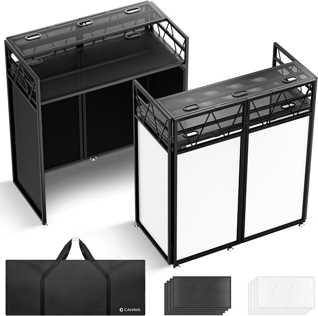 CAHAYA DJ Booth Stand Portable - DJ Table Facade for Laptop Double Top Storage Height Adjustable with Black & White Scrims DJ Stand Foldable with Storage Bag, Cable Holes, 40.7' L x 19.7' W, Black