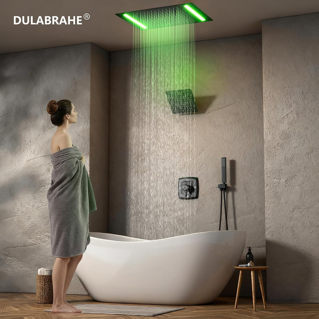 14 X 20 Inch Ceiling LED Rain Shower Head, Dual Rainfall Smart Shower System Set With 8 Inch Wall Head For Two People (Matte Black)