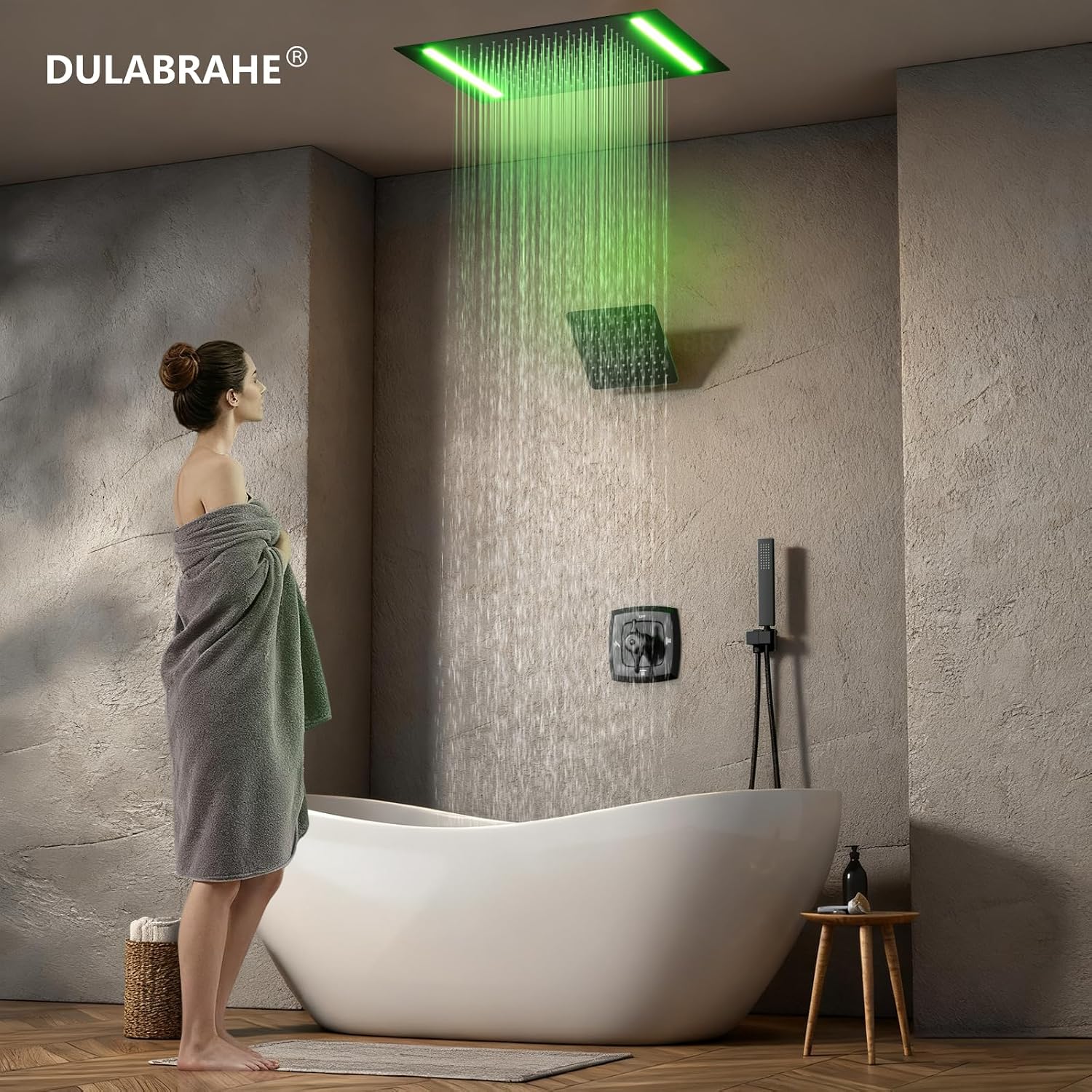 14 X 20 Inch Ceiling LED Rain Shower Head, Dual Rainfall Smart Shower System Set With 8 Inch Wall Head For Two People (Matte Black)
