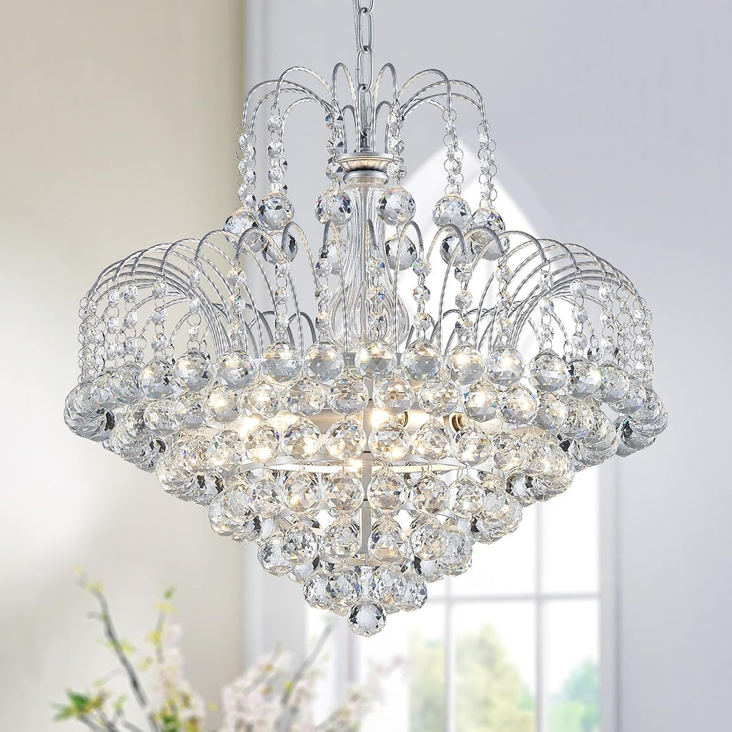 WUZUPS Crystal Chandelier Pendant Flushmount Ceiling Light Modern Lighting Fixture for Bedroom Hallway Bar Kitchen Bathroom, H 17.3' x W 18.9', Silver, E12 Base
