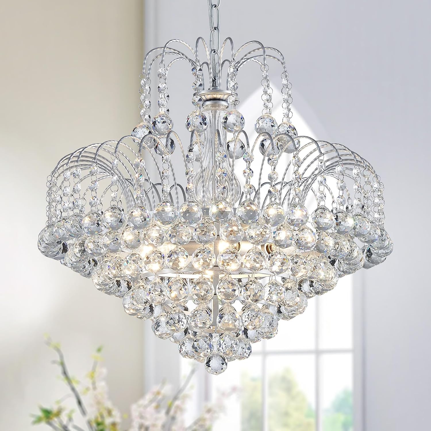 WUZUPS Crystal Chandelier Pendant Flushmount Ceiling Light Modern Lighting Fixture for Bedroom Hallway Bar Kitchen Bathroom, H 17.3' x W 18.9', Silver, E12 Base