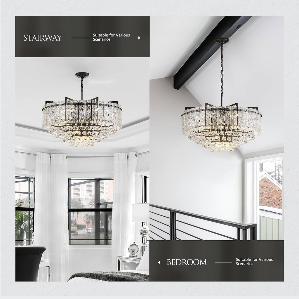 29.2' 16-Light Modern Glass Chandelier Light Fixtures Large Black 4-Tier Crystal Beads Chandeliers for Dining Room Round Hanging Ceiling Pendant Lighting for Bedroom Entryway Foyer Stairway