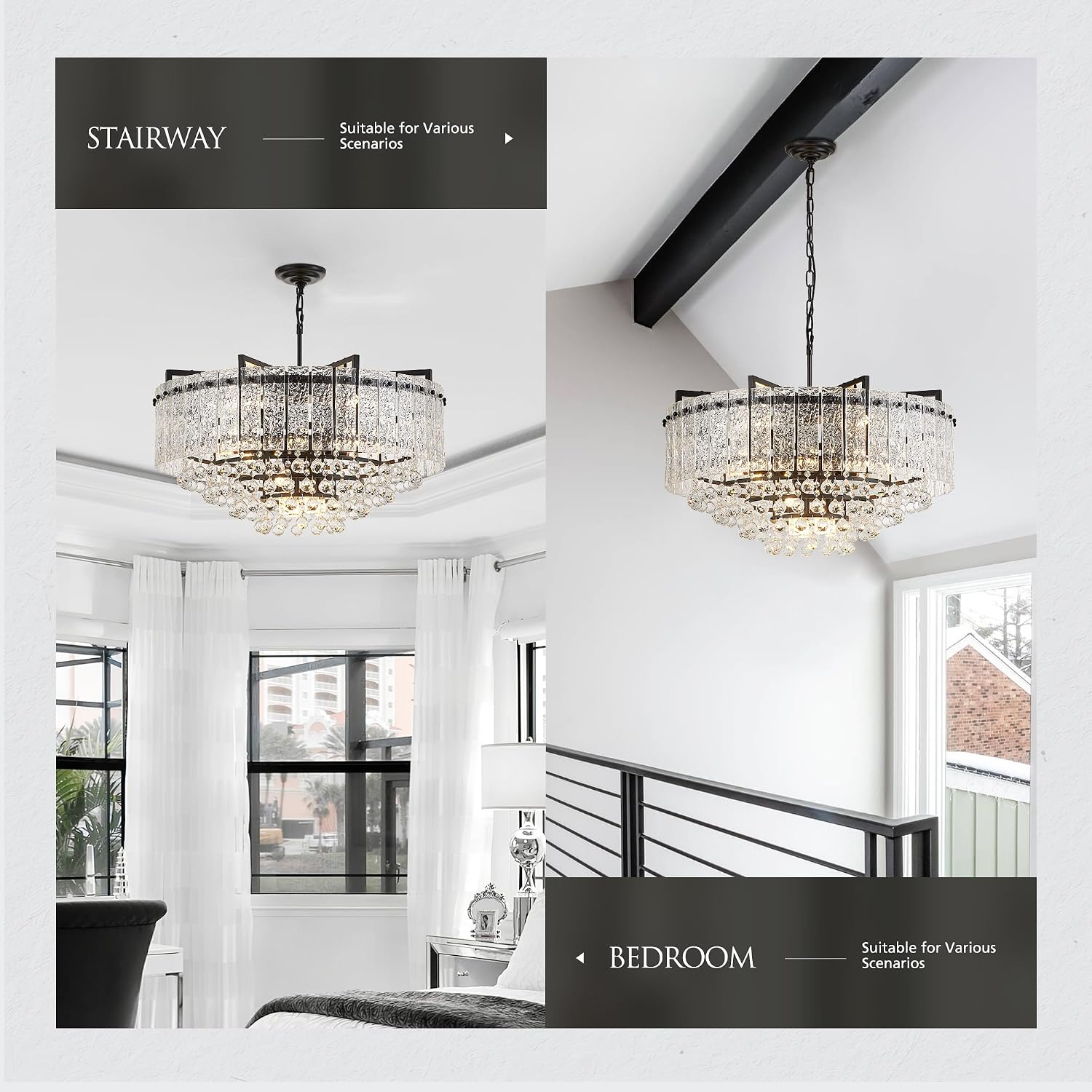 29.2' 16-Light Modern Glass Chandelier Light Fixtures Large Black 4-Tier Crystal Beads Chandeliers for Dining Room Round Hanging Ceiling Pendant Lighting for Bedroom Entryway Foyer Stairway