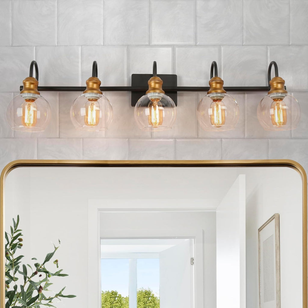 LALUZ Bathroom Light Fixtures, 5-Light Large Black and Gold Vanity Lights for Bathroom with Clear Globe Glass Shade, Modern Farmhouse Bathroom Vanity Lighting Over Mirror, 35.5' L x 7' W x 9' H