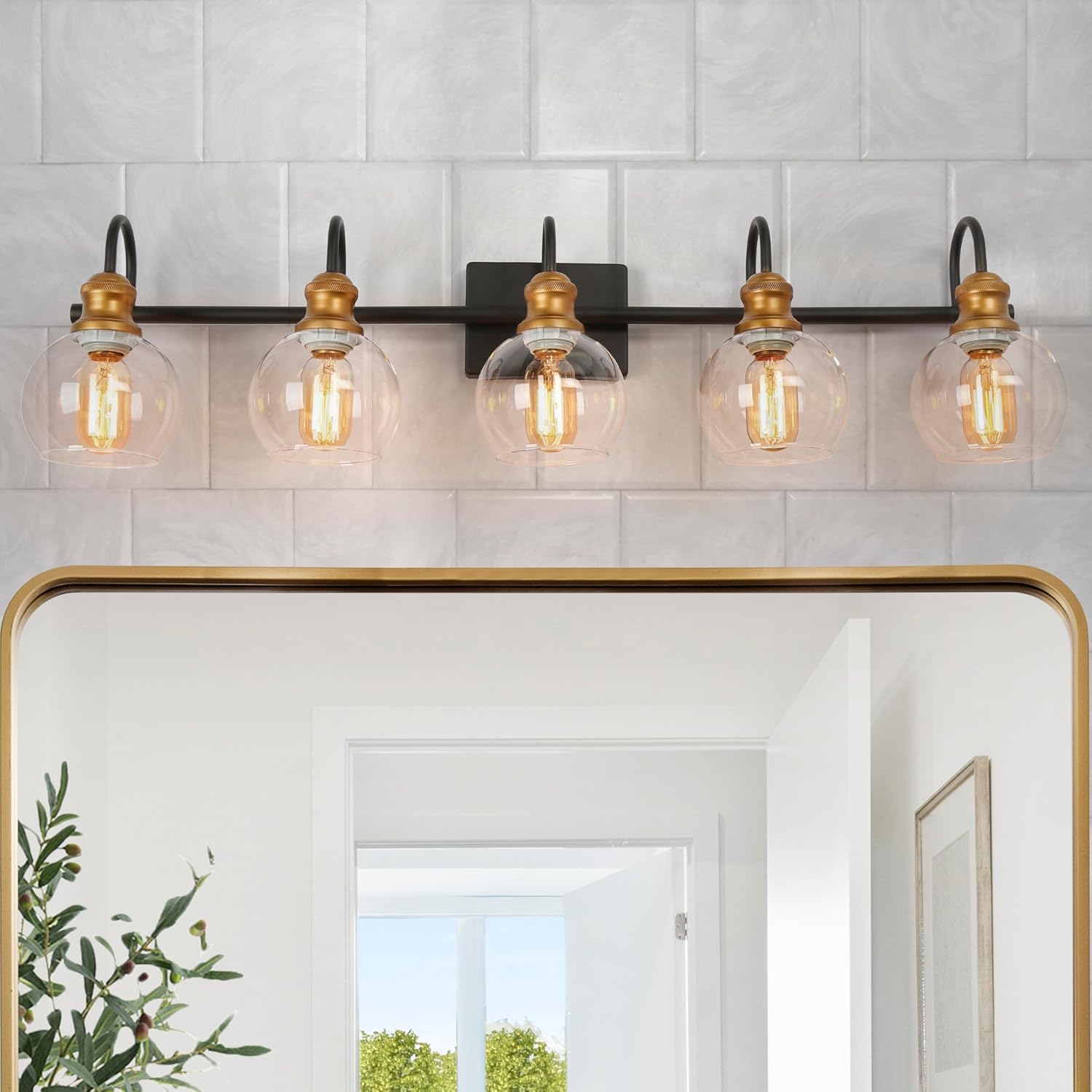 LALUZ Bathroom Light Fixtures, 5-Light Large Black and Gold Vanity Lights for Bathroom with Clear Globe Glass Shade, Modern Farmhouse Bathroom Vanity Lighting Over Mirror, 35.5' L x 7' W x 9' H