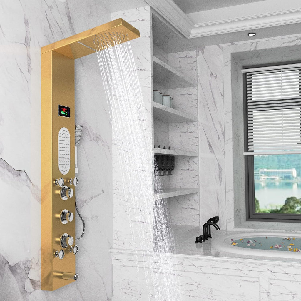 ELLO&ALLO LED Shower Panel Tower System, Rainfall and Mist Head Rain Massage Stainless Steel Shower Fixtures with Adjustable Body Jets, Brushed Gold