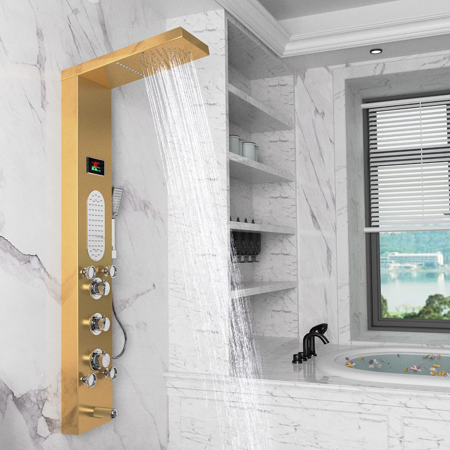 ELLO&ALLO LED Shower Panel Tower System, Rainfall and Mist Head Rain Massage Stainless Steel Shower Fixtures with Adjustable Body Jets, Brushed Gold