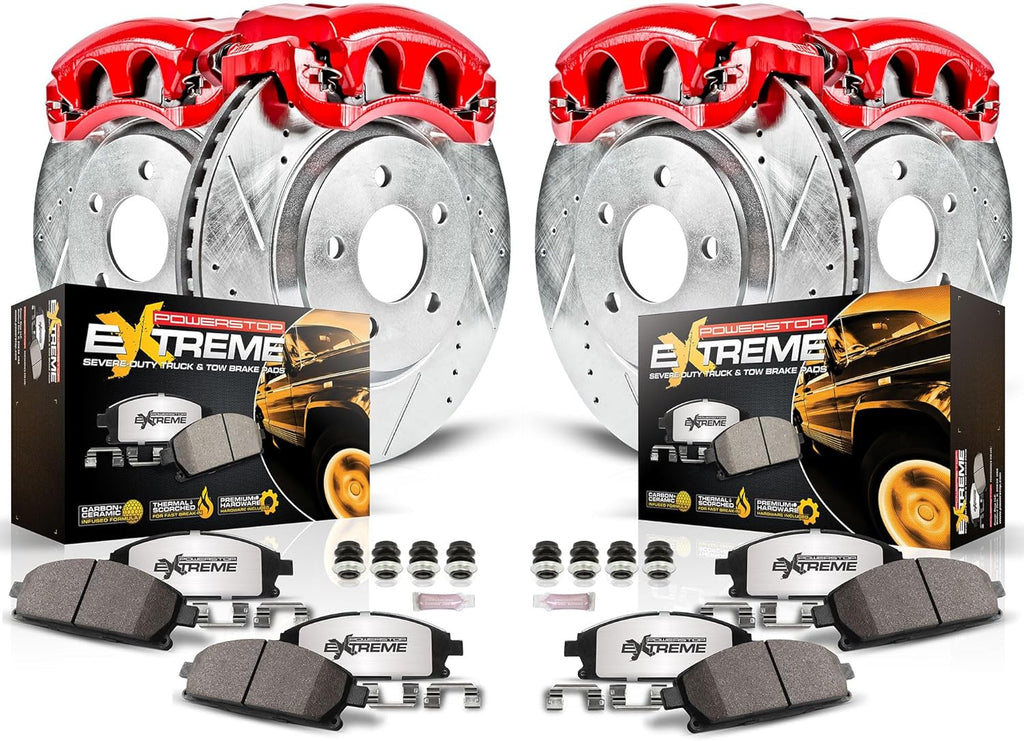 PowerStop Front and Rear Brake & Caliper Kit for Ford F-350 Super Duty 2005-10 - Drilled & Slotted Disc Rotors + Z36 Brake Pads + Red-Powder Coated Calipers, KC4033-36