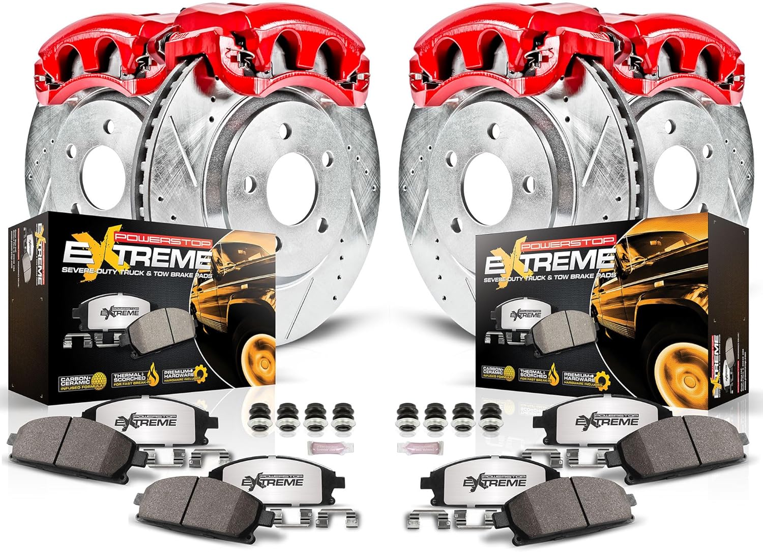 PowerStop Front and Rear Brake & Caliper Kit for Ford F-350 Super Duty 2005-10 - Drilled & Slotted Disc Rotors + Z36 Brake Pads + Red-Powder Coated Calipers, KC4033-36
