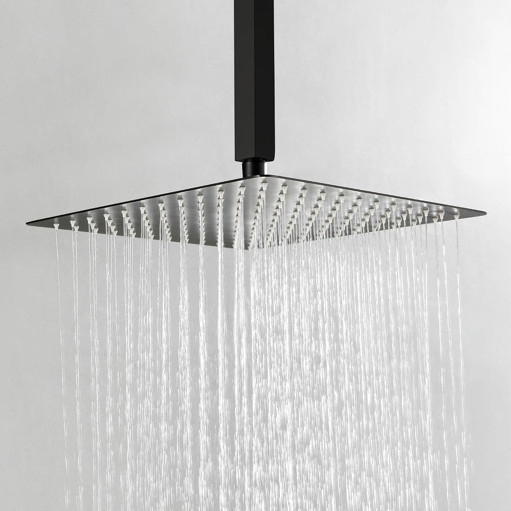 WELLFOR 12' Ceiling Mount Matte Black Shower System with 2-way Diverter, Built-In Shower Faucet System, Shower Faucet Kit, Ceiling Rainfall Shower Head Faucet Trim Kits with Rough-in Valve and Trim