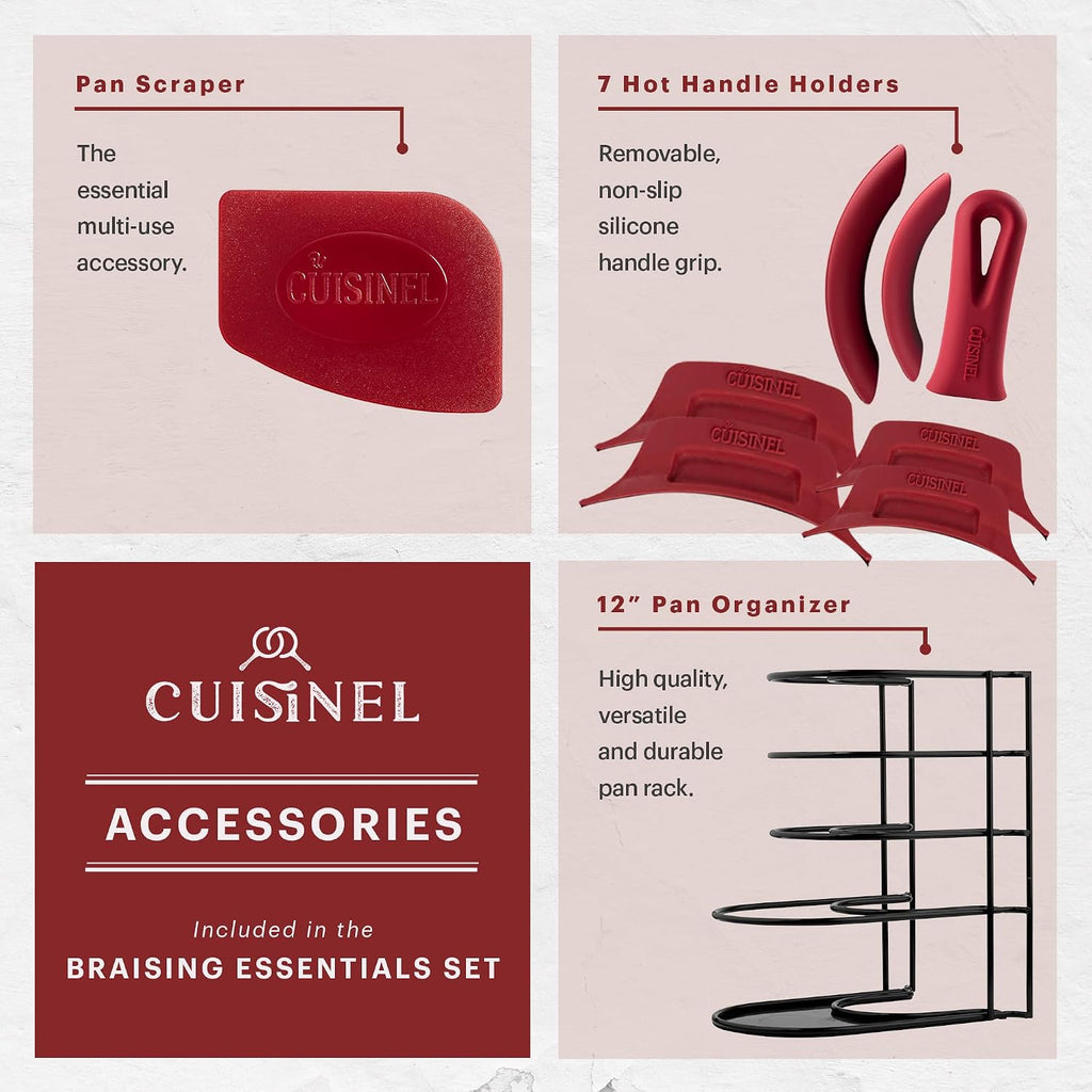 Cuisinel Cast Iron 16-Piece Pre-Seasoned Cookware Set - 8' + 12' Braiser Pans + Cast Iron Lids + 10' Skillet + 2-in-1 Multi-Cooker + 12' Organizer + Scraper + Silicone Handle Covers - Fire, Oven Safe