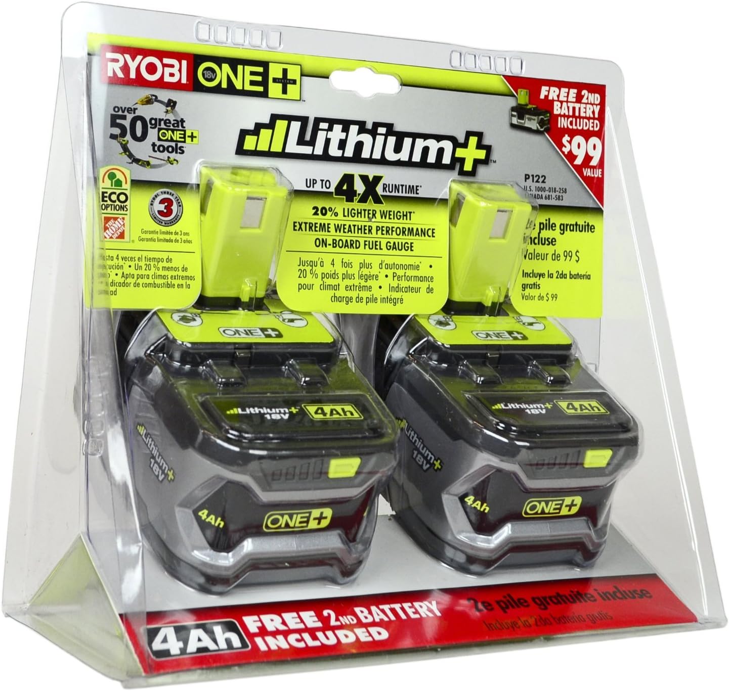 Ryobi 18-Volt ONE+ Lithium-Ion 4.0 Ah High Capacity Battery (2-Pack) P145