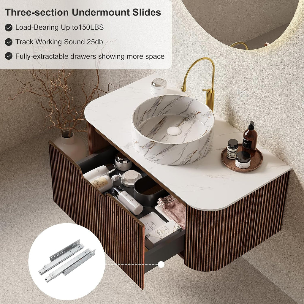 24' Floating Bathroom Vanity with Sink, Modern Wall-Mount Storage Cabinet with Ultra-Thin Ceramic Basin and Marble Top, Large Storage Drawer, Soft-Close Design, Pre-Assembled, Dark Walnut